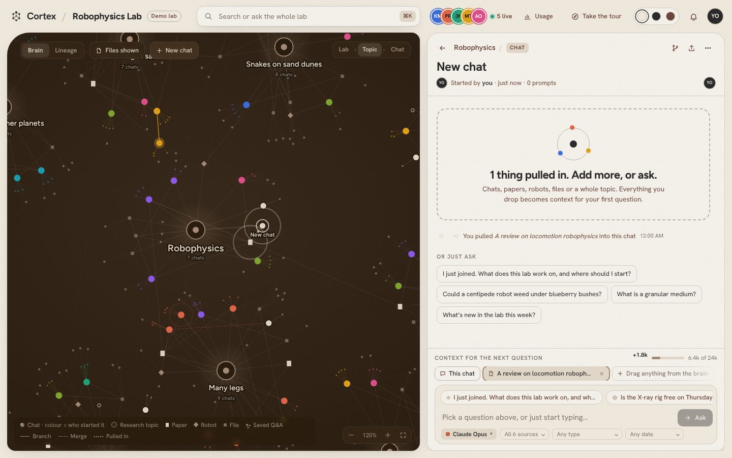 A paper dropped into a chat's context tray, with a dotted pulled-in line drawn on the map
